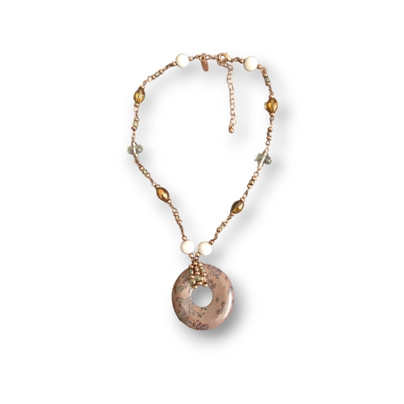 Lia Sophia | NWOT Pretty Boho Circle Stone Pendant Bronze Tone Beaded Necklace - Picture 2 of 7